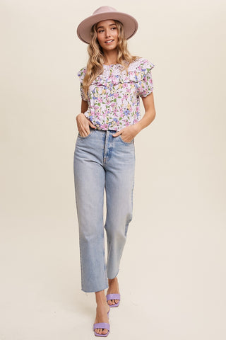Lavender Button Front Ruffled Lace Detail Crop Blouse Top