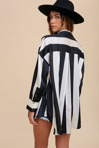 Black Ivory Wide Striped Satin Relaxed Fit Woven Blouse