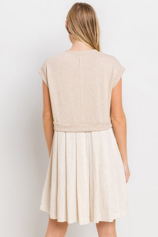 Oatmeal Contrast Pleated Mini Dress