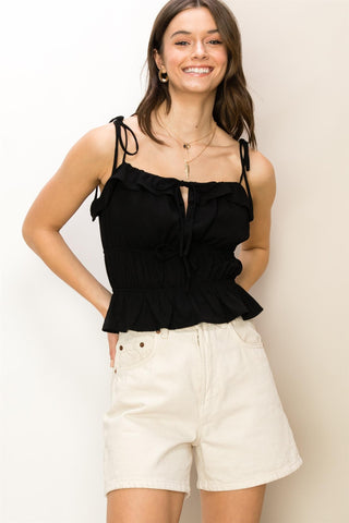 Black Tie-Shoulder Peplum Top