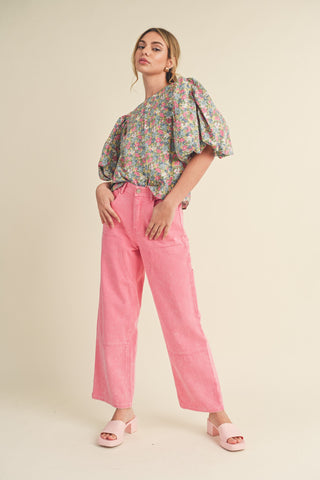 Ivory Pink Multi Floral Drawstring Open Back Bubble Sleeve Top
