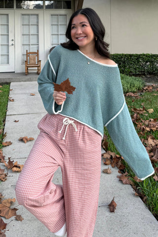 Pine Green Loose Knit Boat Neck Exposed Seam Crop Sweater
