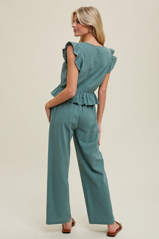 Green Ruffle Relaxed Crop Top And Pants Set