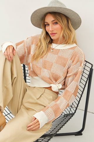 Cream Camel Super Soft Relaxed Fit Checkerboard Sweater