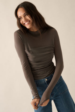 Dark Gray Solid Sheer Mesh High Neck Long Sleeve Bodysuit