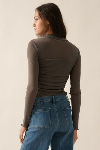 Dark Gray Solid Sheer Mesh High Neck Long Sleeve Bodysuit