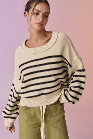 Taupe Black Oversized Stripe Knit Pullover