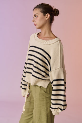 Taupe Black Oversized Stripe Knit Pullover