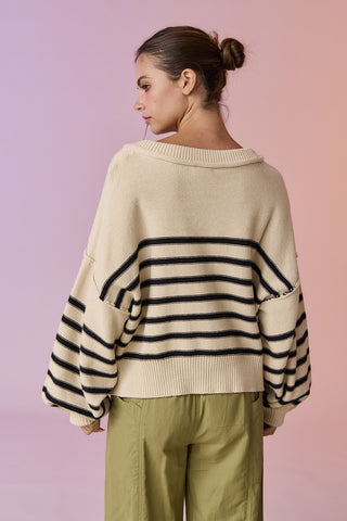Taupe Black Oversized Stripe Knit Pullover