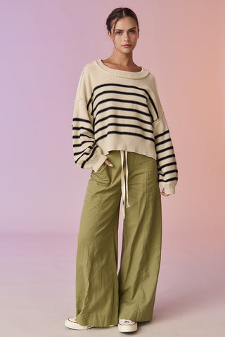 Taupe Black Oversized Stripe Knit Pullover