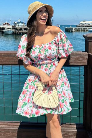 Cream Flower Print Square Neck Cinched Dress