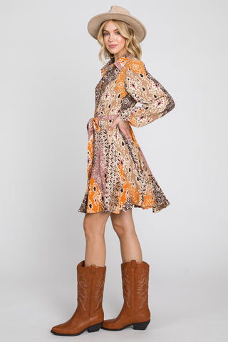 Brown Multi Button Down Flare Dress