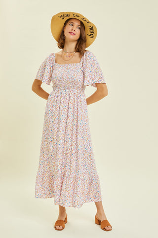 Ivory Floral Smocked Maxi Dress