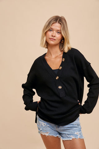 Black Waffle Knit Deep V-Neck Top