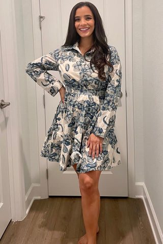 Teal Floral Collared Bottom Ruffle Mini Dress