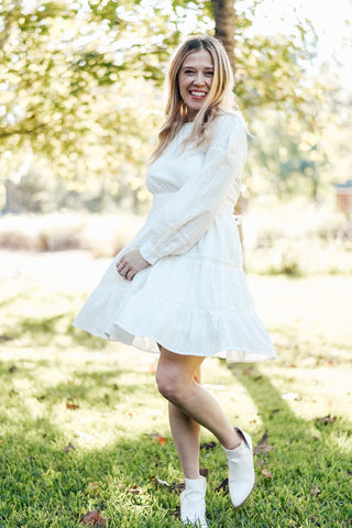 Off White Lace Inlay Long Sleeve Mini Dress