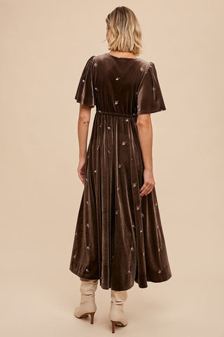 Pewter All Over Floral Embroidered Velvet Maxi Dress
