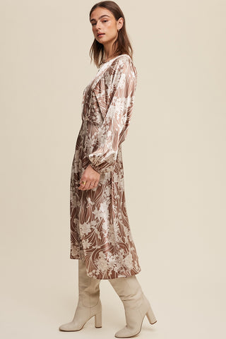 Mocha Floral Print Satin Cinched A-Line Midi Dress