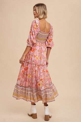 Pink Floral Smocked Half-Length Sleeves Midi Dress