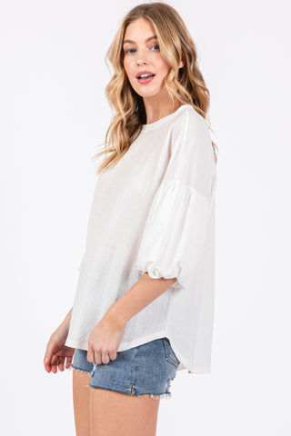 White Drop Shoulder Puff Sleeve Top