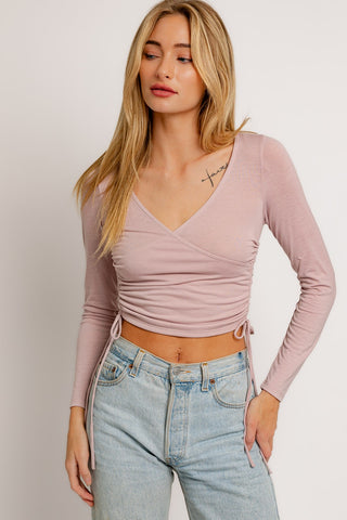 Pink Long Sleeve Side Ruched Surplice Top