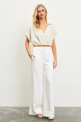 Oatmeal Collared Surplice Crop Top