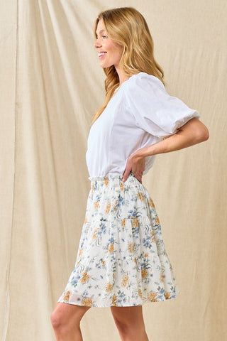 Ivory Blue Chiffon Floral Tiered Skirt