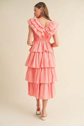 Papaya Layered Ruffle Trim Midi Dress